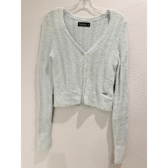 Abercrombie Fitch Fuzzy Knit Crop Cardigan Light Blue Soft Button Front XS - Picture 2 of 10